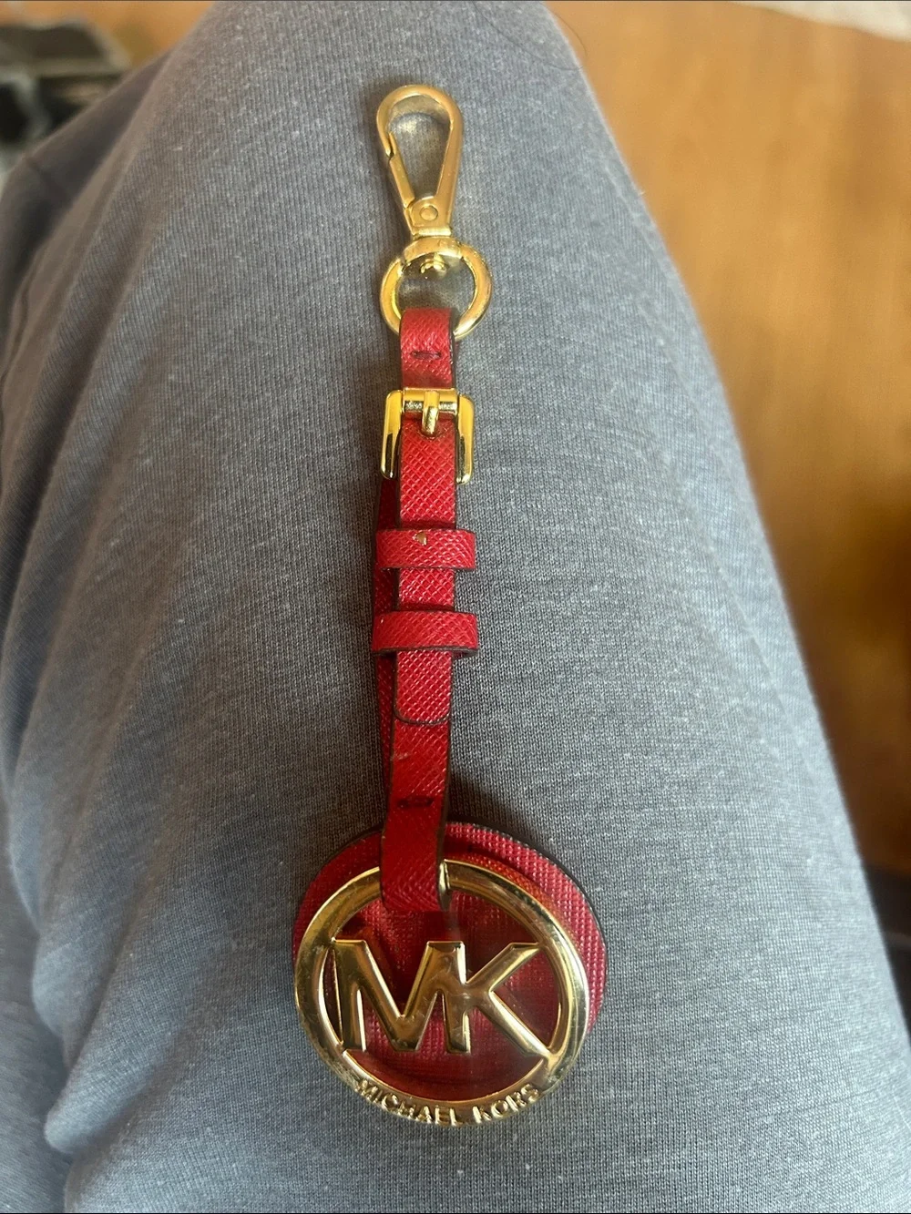Michael Kors Red Leather MK Logo Keyring with Gold Hardware
